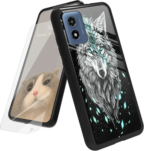 Vista 135 de Funda para Motorola Moto G Play 4G 2024 con protector de pantalla, parte trasera de vidrio templado + funda de silicona suave TPU absorción