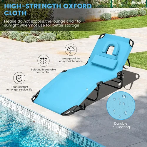 Vista 3 de GYMAX Silla de bronceado, silla de playa de 350 libras con agujero para la cara, almohada lavable y correa de transporte, tumbona plegable