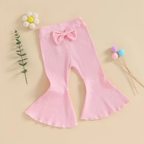 Vista 3 de Pantalones acampanados para bebé, color sólido, acanalados, elásticos, acampanados, lindos pantalones largos con lazo para niños pequeños