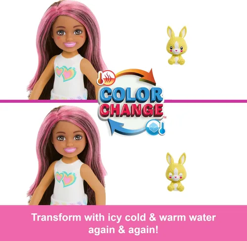 Vista 5 de Muñeca pequeña Barbie Chelsea Cutie Reveal de la serie Color Dream y accesorios, disfraz de peluche de animal y 6 sorpresas, incluyendo cambio