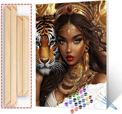 Vista 27 de Pintura de niña afro a la moda, kits de pintura por números, 16 x 20 pulgadas, lienzo de hojas tropicales, pintura al óleo para niños y adultos