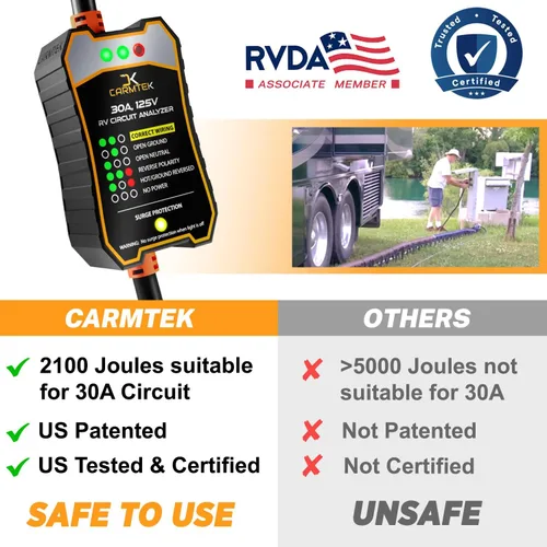 Vista 3 de CARMTEK Protector de sobretensiones para RV de 30 amperios - Analizador de circuito para RV con protección inteligente integrada de 30 amperios