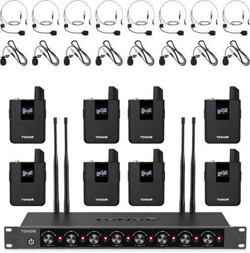 Vista 14 de TONOR Sistema de Micrófono Inalámbrico, Juego de 4 Micrófonos de Mano Inalámbricos UHF de 10 Canales con Auriculares/Micrófonos de Solapa Lavalier