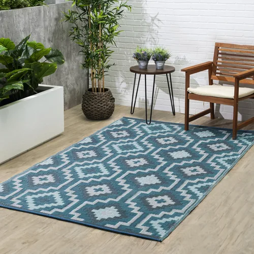 Vista 45 de Fab Habitat - Alfombra de exterior azteca, impermeable, resistente a la decoloración, sin arrugas, plástico reciclado de primera calidad, a rayas