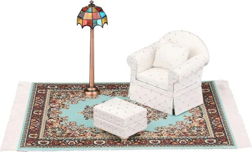 Vista 6 de Sillón blanco para casa de muñecas con otomana, mini silla para sala de estar, accesorio de muebles para muñecas de 6 pulgadas, escala 1:12