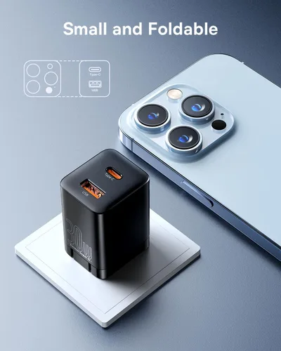 Vista 5 de Baseus Bloque de cargador USB C PD de doble puerto de 30 W, compacto rápido con enchufe plegable para iPad Pro/Air/Mini, iPhone 15/15 Pro/15 Pro
