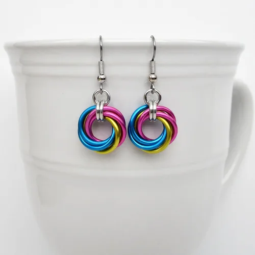 Vista 7 de Pansexual pride earrings, handmade chainmail love knot jewelry; pink, yellow, blue