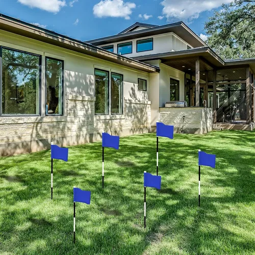 Vista 7 de Oudain 6 banderas de golf con tubo insertado, impermeable, banderas de golf de nailon 420D, banderas de mini pin para patio, interior, exterior Azul