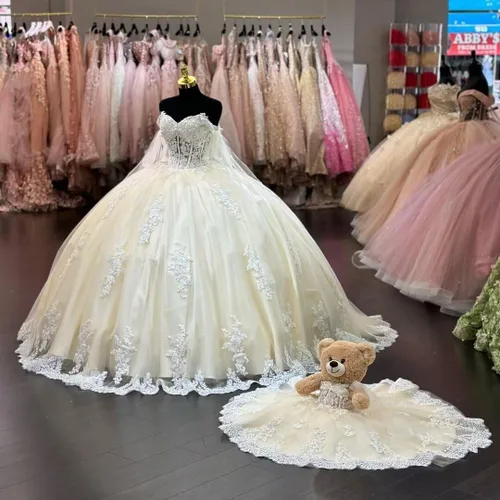 Vista 6 de Youjiayi Vestido de fiesta con cuello en V para mujer, vestidos de quinceañera largos de tul de encaje princesa dulce 16 vestidos YJY33