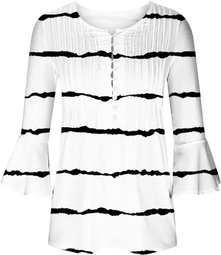 Vista 37 de Ceboyel Blusa tipo túnica con estampado floral para mujer, con botones, estilo Henley, con manga de codo, casual, trajes de moda para mujer