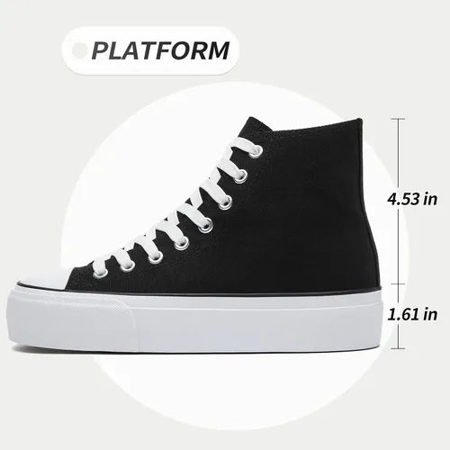 Vista 2 de FINIWOR Tenis de plataforma para mujer, zapatos de lona blancos de alta calidad, zapatos clásicos de plataforma negros con cordones, zapatos
