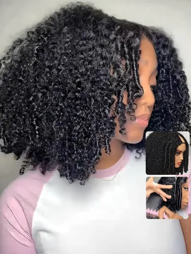 Vista 10 de UNICE - Peluca de cabello humano lacio tipo afro con parte en V, sin pegamento, con parte en U mejorada, con pinzas de máquina, sin mechones fuera