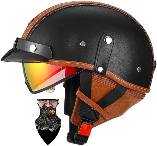 Vista 9 de Casco Moto Retro Jet Vintage DOT Homologado para adultos, hombres y mujeres, forro transpirable desmontable, Visera Retráctil PC y hebilla rápida