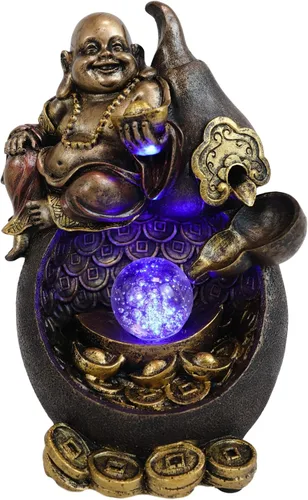 Vista 6 de Ebros Matreiya Laughing Buddha Hotei Sosteniendo lingote de oro sentado en cono gigante de calabaza de vino con cono de reflujo de fondo, estatua