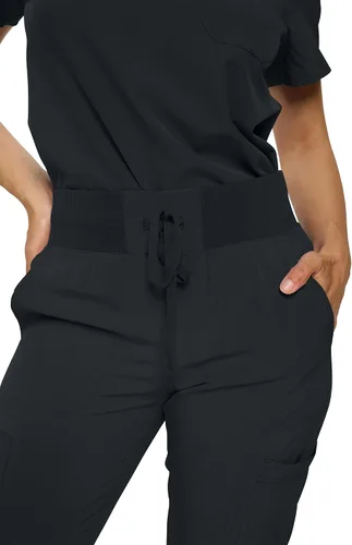 Vista 5 de Pantalones quirúrgicos para mujer de Monarch Uniforms, pantalones quirúrgicos jogger de canalé para mujer Negro