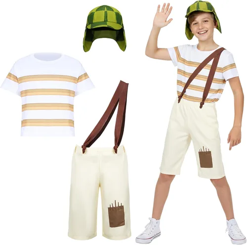 Vista 3 de Kids Costume Striped T-shirt Hat Straps Pants Outfit Halloween Cosplay Uniform Set