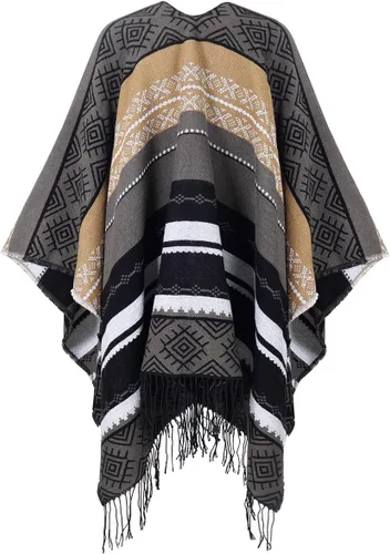 Vista 2 de Chal para mujer, poncho con borlas, cárdigan con frente abierto, chal para otoño e invierno