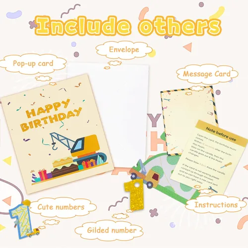 Vista 3 de Tarjeta de Felicitación 3D Desplegable de 1er Cumpleaños con Luz y Música, Tarjeta de Grúa y Camión Para Niño, Sobrino, Nieto, Hijo, Pequeño