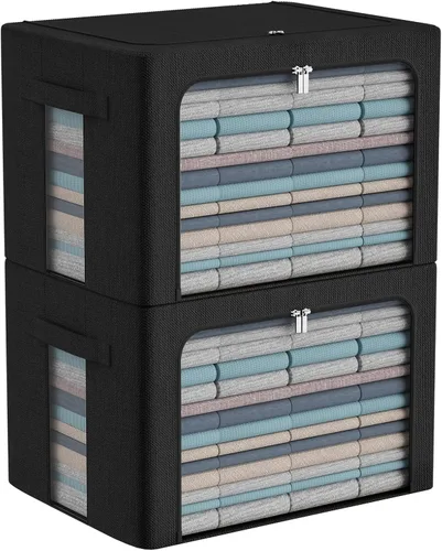 Vista 19 de CYhom Caja de almacenamiento de ropa, juego organizador plegable de tela de lino con ventana transparente, asas de transporte y marco de metal, 2