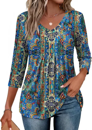 Vista 13 de Ekouaer Blusas de manga 3/4 para mujer, cuello en V, blusas plisadas casuales Boho Multicolor