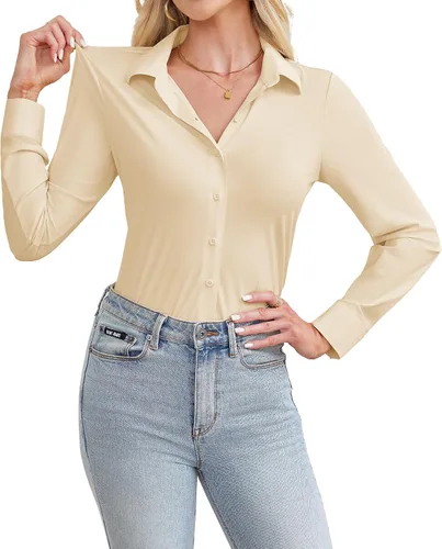 Vista 9 de siliteelon Camisa de manga larga con botones para mujer, estilo casual, para el trabajo, con elástico en 4 direcciones, sin arrugas