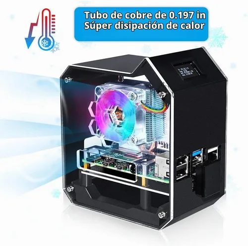 Vista 3 de GeeekPi Kit NAS de mini torre para Raspberry Pi, enfriador de torre PI ICE con ventilador PWM RGB, placa de expansión M.2 SATA SSD, placa