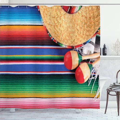 Vista 43 de set de cortina para baño decorativa de tela de poliéster con ganchos