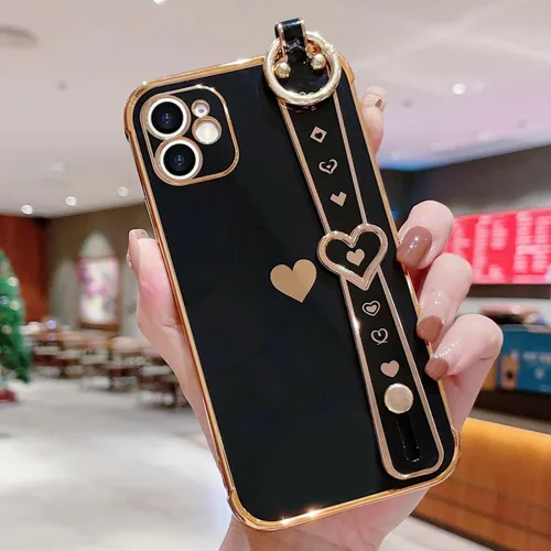 Vista 2 de LLZ.COQUE Funda para iPhone 11 con correa chapada en corazón, para mujeres y niñas, protección de lente de cámara de silicona suave, a prueba