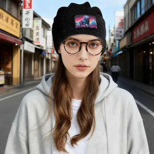 Vista 5 de Synthwave Sabertooth Patterned Black Fleece-Lined Warm Men's and Women's Hood, Winter Outdoor Sports Ski Cap