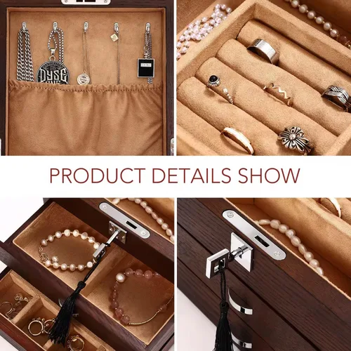 Vista 4 de TITISKIN Joyero de madera extra grande, caja de almacenamiento de joyas de 3 capas, joyero para mujer