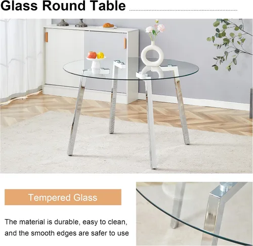 Vista 5 de Modern Luxurious Round Tempered Glass Dining Table with Silver 7 Shaped Metal Legs,Suitable for Family Meals, Office conferences, or as a Casual