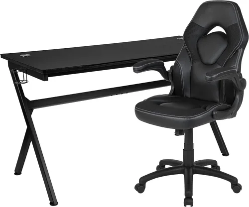 Vista 49 de Flash Furniture Juego de escritorio para juegos negro y silla de carreras blanco/negro con soporte para tazas, gancho para auriculares y soporte
