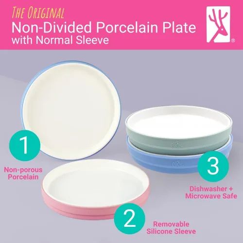 Vista 2 de Elk and Friends Platos blancos de porcelana para niños de 7.8 pulgadas con fundas de silicona, adecuados para bebés/niños pequeños, aptos