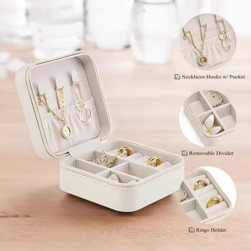 Vista 3 de Vlando Pequeño joyero de viaje organizador para niñas y mujeres, regalo anillos, aretes, collares, almacenamiento, color beige