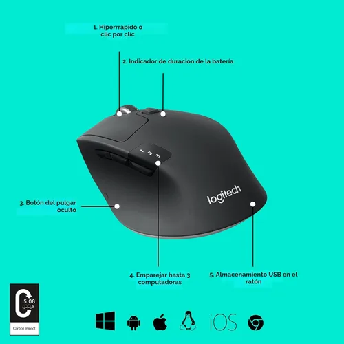 Vista 6 de Logitech M720 - Ratón inalámbrico de triatlón, Bluetooth, receptor unificador USB, 1000 DPI, 6 botones programables, batería de 2 años, compatible