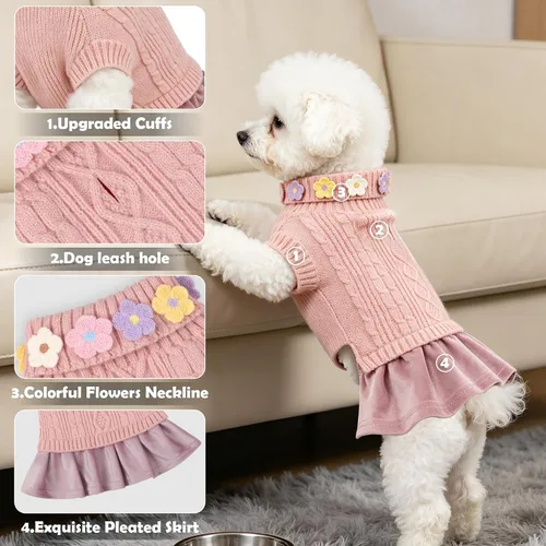 Vista 2 de WOYYHO Vestido de suéter para perro pequeño con corbatín, ropa de perro de Rosa polvoriento