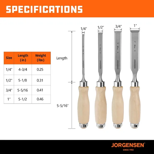 Vista 7 de Jorgensen - Juego de 4 cinceles de madera, cinceles de acero de aleación de cromo con borde biselado, cinceles de madera para carpintería, mango