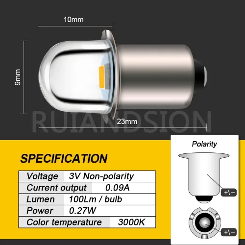 Vista 4 de Ruiandsion Bombilla LED de 3 V P13.5S Base Socket Blanco Cálido Bombillas LED de repuesto para linternas, antorcha de linterna, no polaridad