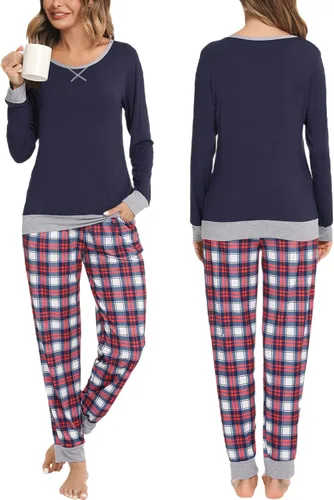 Vista 3 de SWOMOG Conjunto de pijama a juego para hombres, mujeres y niños, para familia, parejas, ropa de dormir de manga larga, pantalones a rayas a cuadros