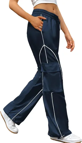 Vista 3 de Pantalones de paracaídas para mujer, pantalones cargo Y2k de tiro bajo, ropa de calle, pierna ancha, pantalones deportivos holgados