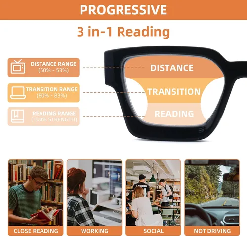 Vista 5 de Paquete de 3 gafas de lectura multifocales progresivas para mujer, retro, cuadrados, multienfoque, lentes para computadora con luz azul