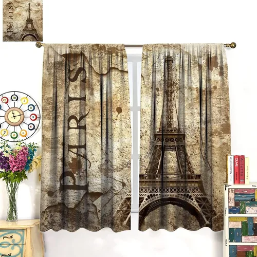 Vista 3 de Cortinas de la Torre Eiffel con letras de París y famosos monumentos en la pared desgastada para dormitorio, sala de estar, cortinas decorativas, 2