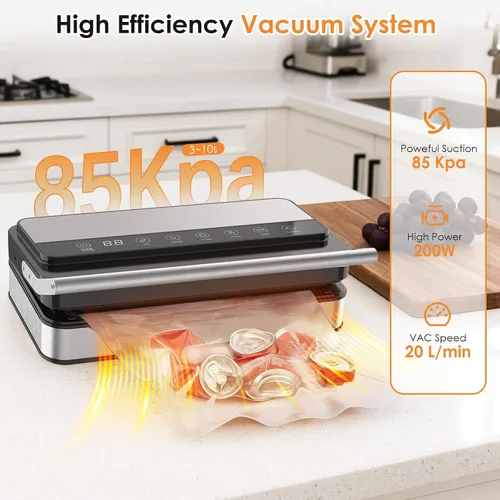 Vista 3 de VUSIGN Máquina de sellado al vacío con fuerte succión de -85KPA, bajo ruido, cortador incorporado, caja de almacenamiento de bolsas, diseño de mano