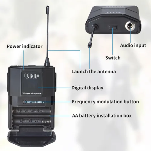 Vista 10 de Sistema de micrófono inalámbrico UHF de 4 canales con micrófonos de auriculares Lavalier, frecuencias ajustables de 4 x 50, ideal para reuniones