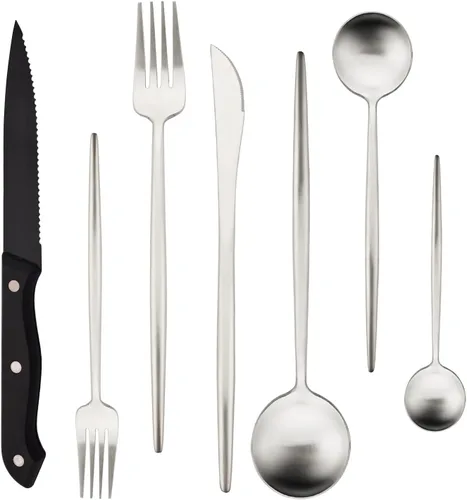 Vista 10 de Juego de cubiertos de 28 piezas con cuchillos para carne, cubiertos de acero inoxidable 18/8, juego de cubiertos modernos para 4 tenedores de Negro