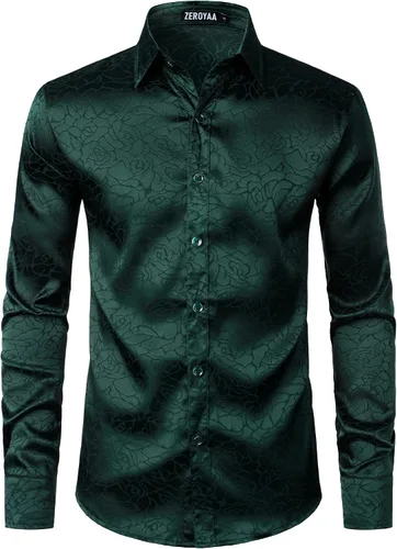 Vista 2 de ZEROYAA Camisas de vestir con botones de manga larga y estampado floral de jacquard rosa satinado brillante para hombre para fiesta de graduación