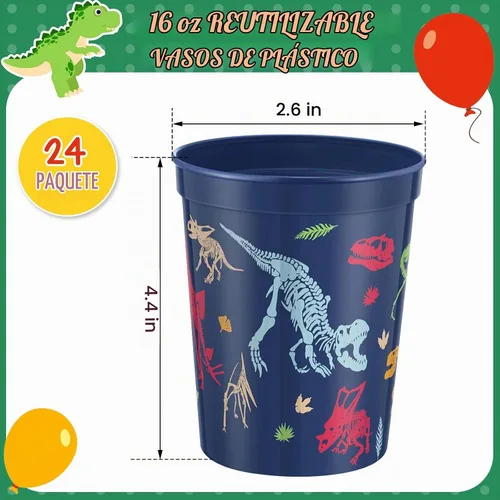 Vista 4 de Nuanchu Paquete de 24 vasos de plástico para fiesta de dinosaurios, suministros de cumpleaños, vaso de dinosaurio reutilizable para decoración