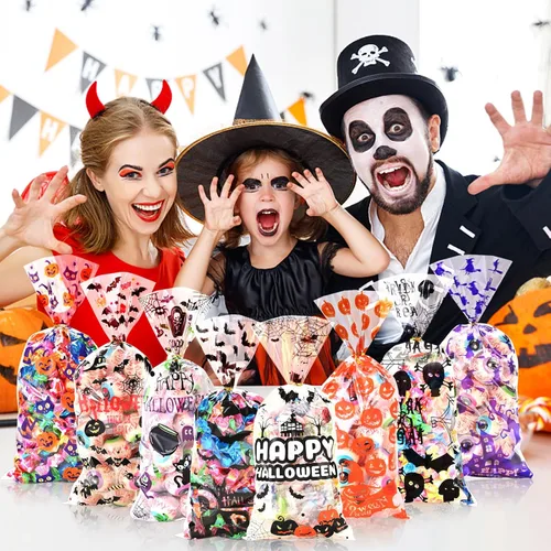 Vista 8 de AhfuLife 200 bolsas de celofán de Halloween, 8 diseños de bolsas de dulces transparentes de Halloween con lazos giratorios para golosinas o tratos