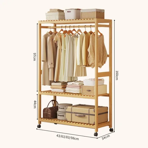 Vista 6 de Bamboo Wardrobe/Clothes Rail/Clothes Rack/Garment Rack,Free Standing Clothes Rail with Wheels,Open Wardrobe with Shelves,for Entryway Living Room