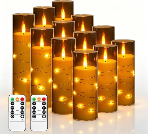 Vista 10 de Da by Paquete de 3 velas cónicas de acrílico transparente rojo sin llama, velas LED parpadeantes de mecha negra con cadena de luces de hadas, velas